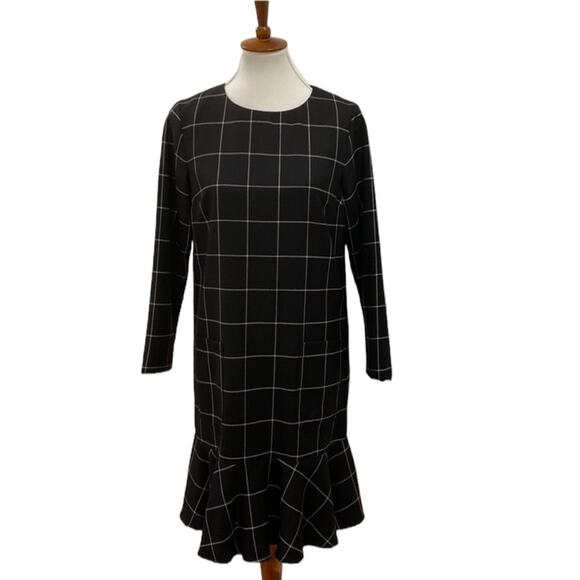 Pendleton 6 Black white Midi dress long sleeve Virgin Wool Windowpane Flounce - Picture 1 of 15